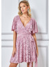 Flutter Sleeves Mauve Lace Wrap Mini Party Dress